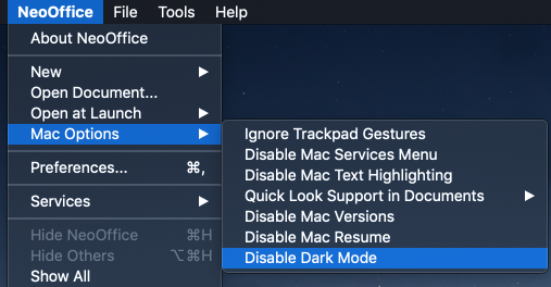 NeoOffice > Mac Options > Disable Dark Mode menu item