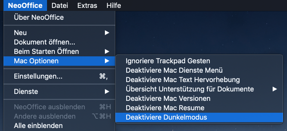 NeoOffice > Mac Optionen > Deaktiviere Dunkelmodus Menüobjekt
